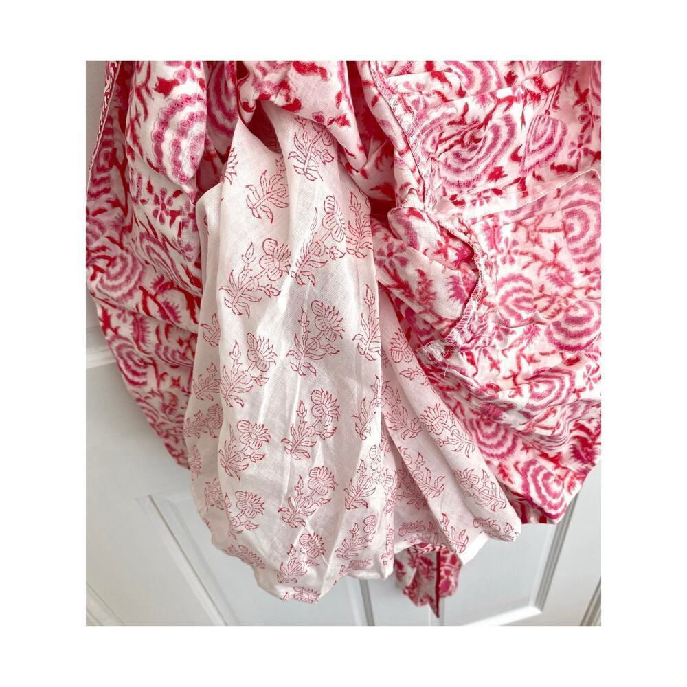 SUE SARTOR Block Print Floral Pink Red Tie Shoulder Waist Mini Swing Dress - Picture 8 of 11